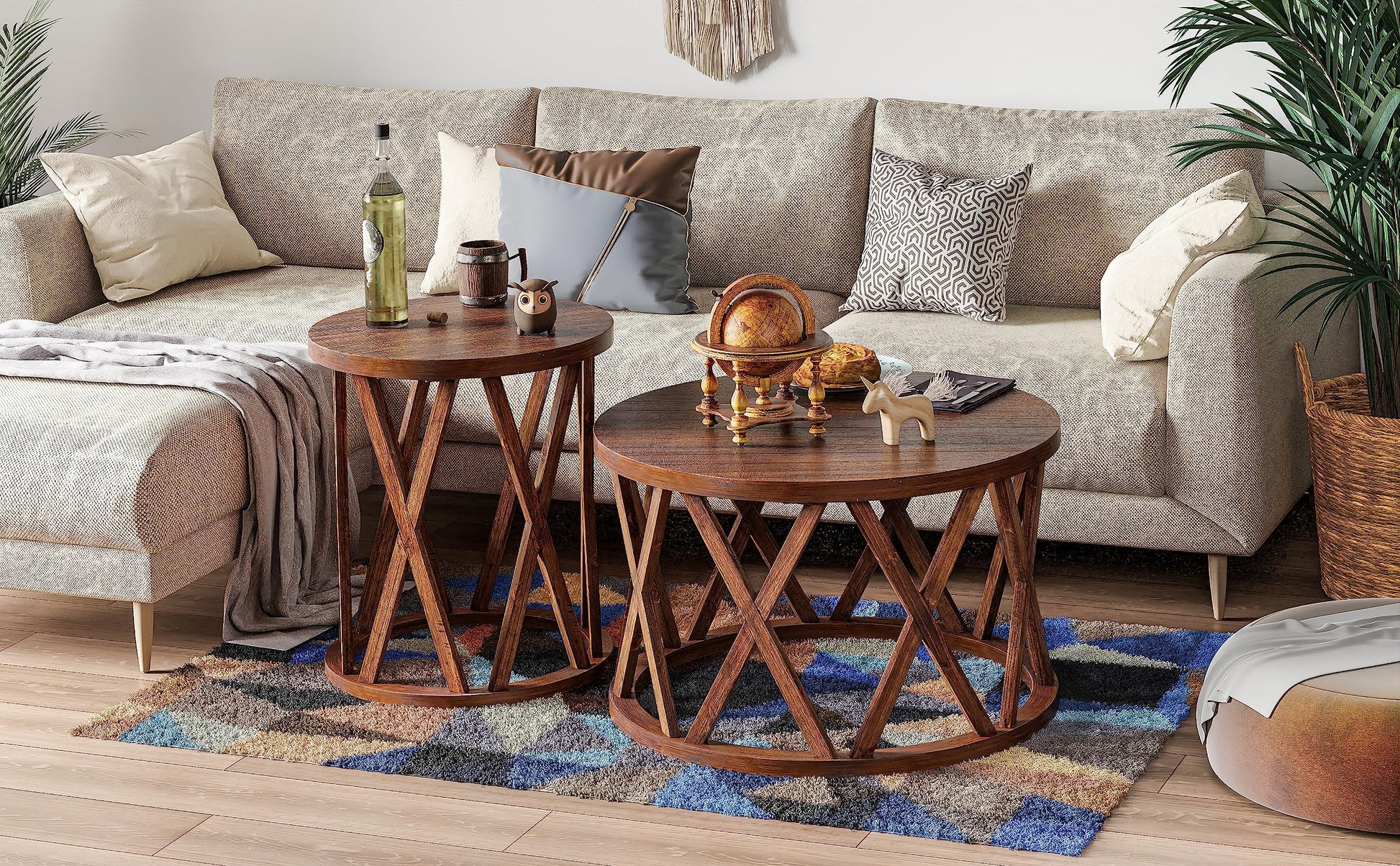 COZAYH Farmhouse End Table, Rustic Round Side Table with X-Motifs Legs, Wood Textured Top, for Boho, French Country Decor, Brown - WoodArtSupply