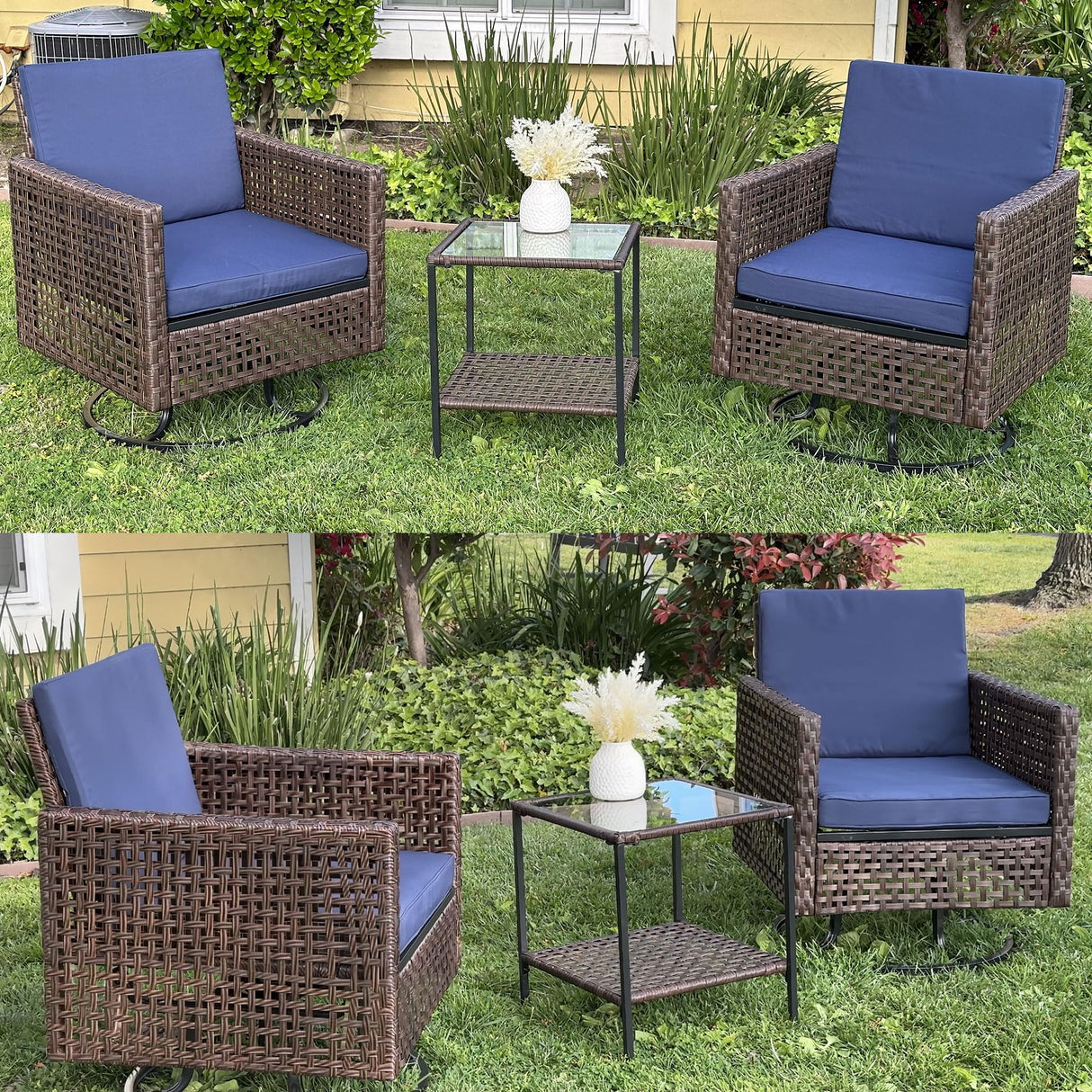 YITAHOME 3 Pieces Swivel Rocking Chairs, Patio Wicker Chairs Outdoor Patio Furniture Set with Rattan Side Table, Thickened Cushions, Bistro Swive Chairs Set for Porch, Patio, and Yard, Blue YITAHOME