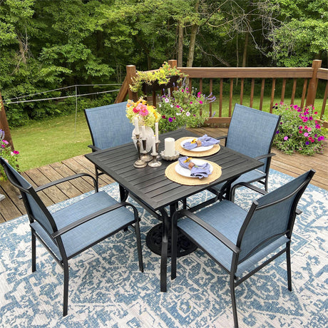 MIXPATIO 5-Piece Patio Table and Chairs Set for 4, Outdoor Dining Set with Blue Chairs and 37" Square Metal Umbrella Table for Deck Backyard Lawn MIXPATIO