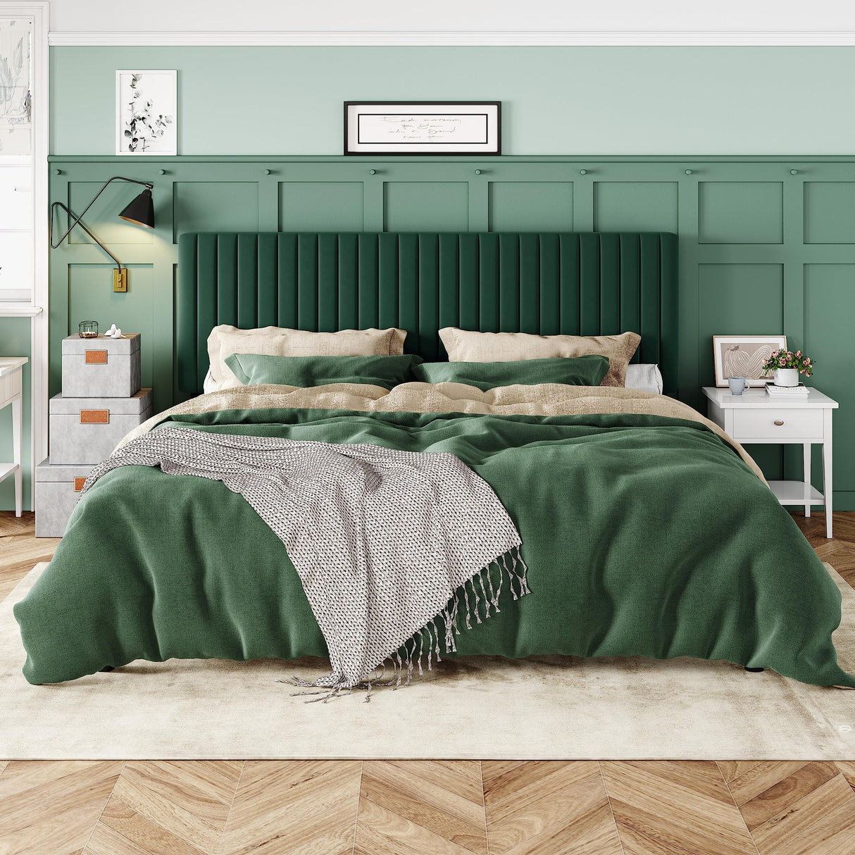 Allewie King Bed Frame, Velvet Upholstered Platform Bed with Adjustable Vertical Channel Tufted Headboard, Mattress Foundation with Strong Wooden Slats, Box Spring Optional, Easy Assembly, Green Allewie