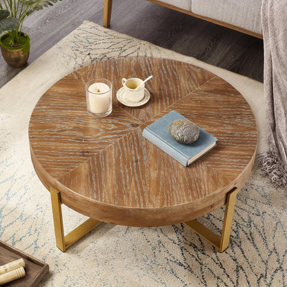 DS-HOMEPORT Round Wood Coffee Table for Living Room - Circle Coffee Table with Gold Metal Legs - Rustic Wooden Coffee Table Vintage Coffee Table (Espresso,32.28" D x 32.28" W x 17.72" H) - WoodArtSupply