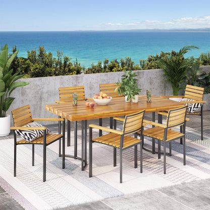 Christopher Knight Home Editha Outdoor Modern Industrial 7 Piece Acacia Wood Dining Set, Teak Finish, Black - WoodArtSupply