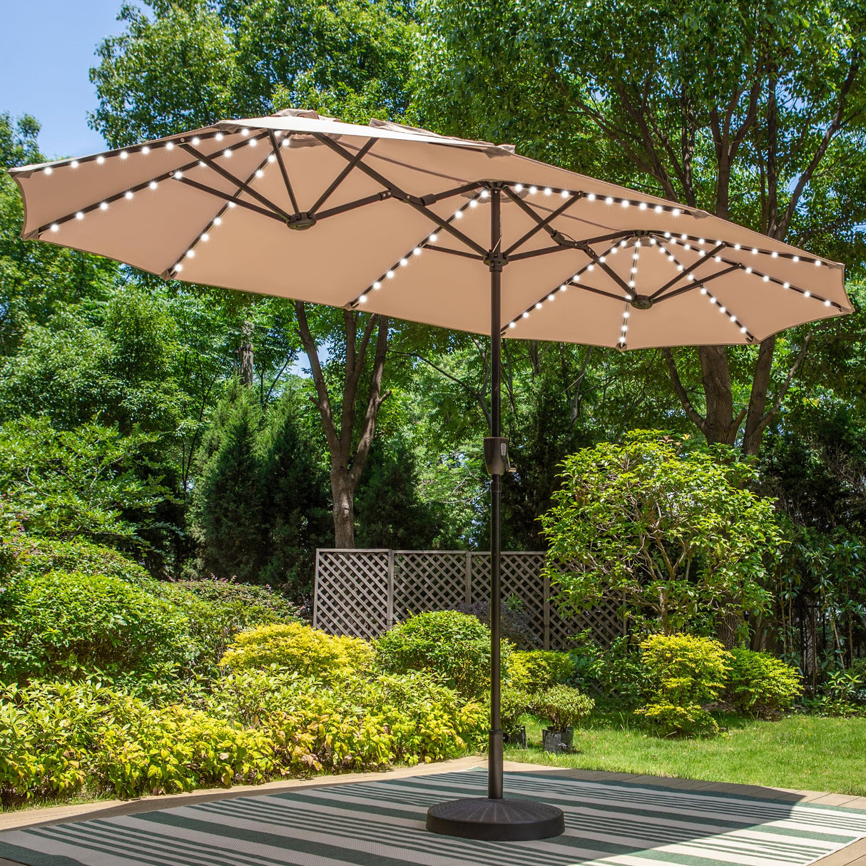 PHI VILLA 13ft Large Patio Umbrella with Solar Lights, Double-Sided Outdoor Market Rectangle Umbrella with 120 PCS LED Lights, Beige (No Base) PHI VILLA