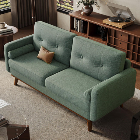 Garvee 65 in Mid Century Modern Loveseat Sofa for Small Spaces, 2 Seater Linen Upholstered Couch with Button Tufted Design & Wood Legs, Small Couch for Living Room, Bedroom, Office, Apartment, Green Garvee