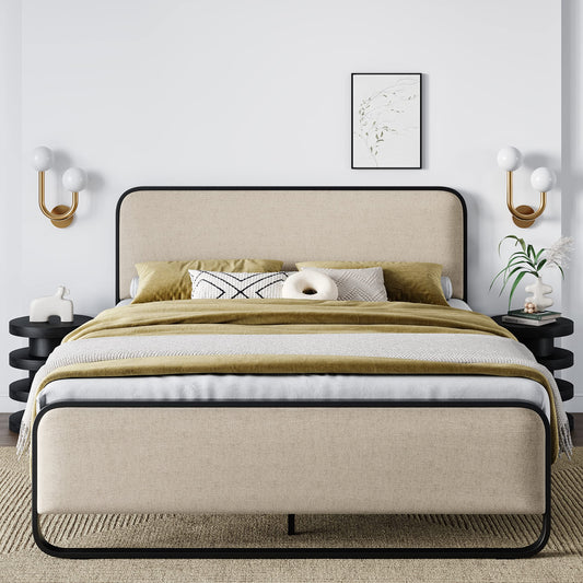 Elegant Beige Curved Upholstered Queen Size Metal Bed Frame with Under-Bed Storage - WoodArtSupply