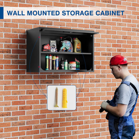 Fesbos Metal Storage Cabinet Black Wall Cabinets with Shelf and Locking Door - Wall Mounted Storage Cabinet for Garage Warehouse Home Office - Assembly Required Fesbos