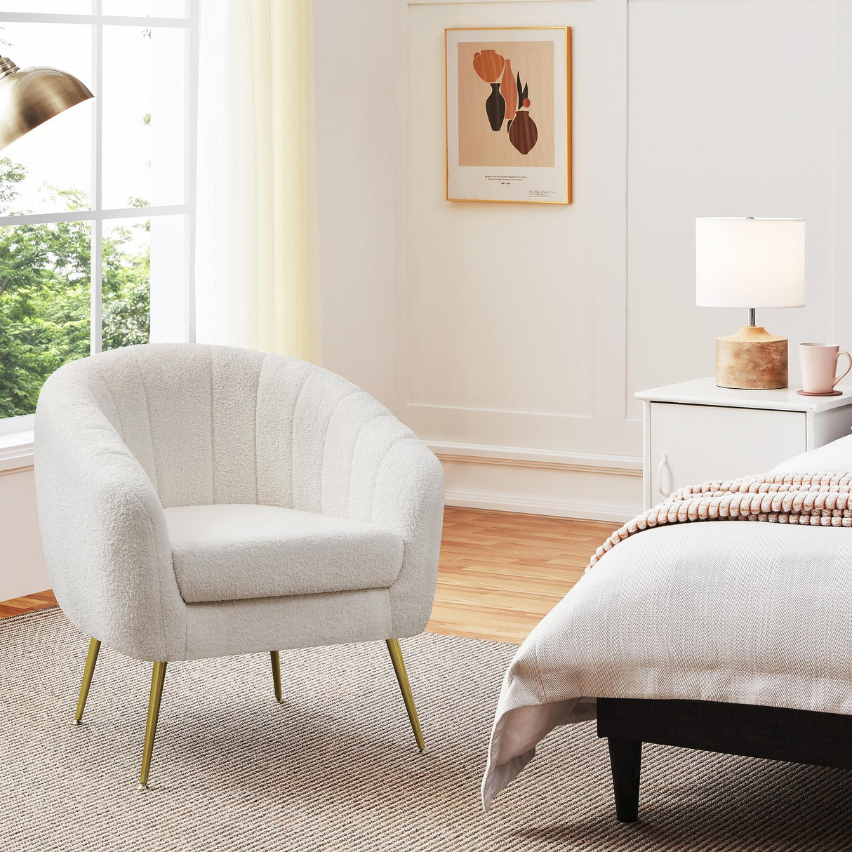 Yaheetech Sherpa Fabric Accent Chair, Modern Cozy Vanity Chair with Gold Metal Legs, Boucle Fabric Armchair with Removable Seat Cushion for Living Room Bedroom Office Guest Room, Ivory Yaheetech