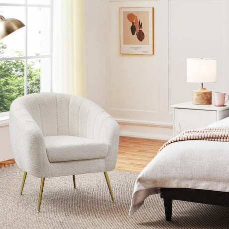 Yaheetech Sherpa Fabric Accent Chair, Modern Cozy Vanity Chair with Gold Metal Legs, Boucle Fabric Armchair with Removable Seat Cushion for Living Room Bedroom Office Guest Room, Ivory Yaheetech