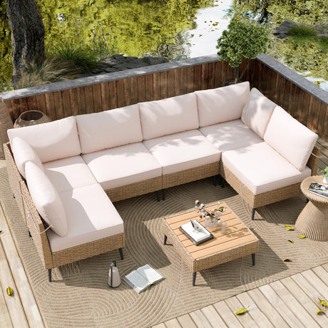 FKLUG Outdoor Patio Furniture Set, 7 Piece Outdoor Sectional Sofa Wicker Patio Conversation Couch Set, All Weather PE Rattan Sofa with Table and Cushions for Garden, Poolside, Backyard (Beige) FKLUG
