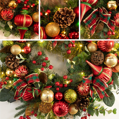 Valery Madelyn Pre-Lit Christmas Wreath for Front Door with Lights, 30 Inch Large Lighted Christmas Wreath with Red Green Gold Xmas Ball Ribbon for Fireplace Window Table Centerpiece Decoration