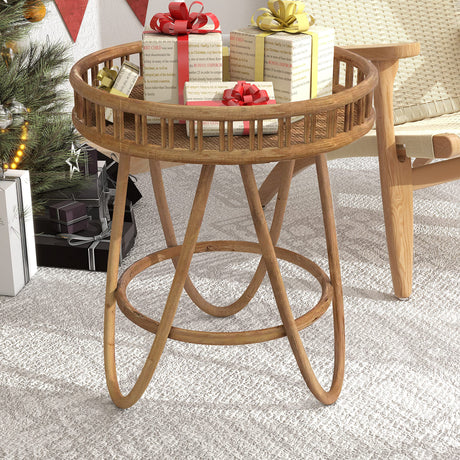 FINECASA Rattan Side Table with Wicker Tray Top 20x23'', Boho Hand-Woven End Table, Small Round End Table with Hairpin Legs, Coffee Table Set for Living Room, Bedroom (Handcraft) FINECASA