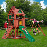 Gorilla Playsets 01-0021 Nantucket II Wood Swing Set with Wood Roof, Two Swings, Slide, Sandbox Area, Rock Wall, Redwood Color Gorilla Playsets