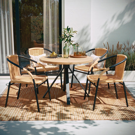 EMMA + OLIVER Set of 4 Modern Rattan Indoor/Outdoor Stack Chairs, Stacking Rattan Patio Chairs with Curved Back and Cross Bracing, Beige EMMA + OLIVER