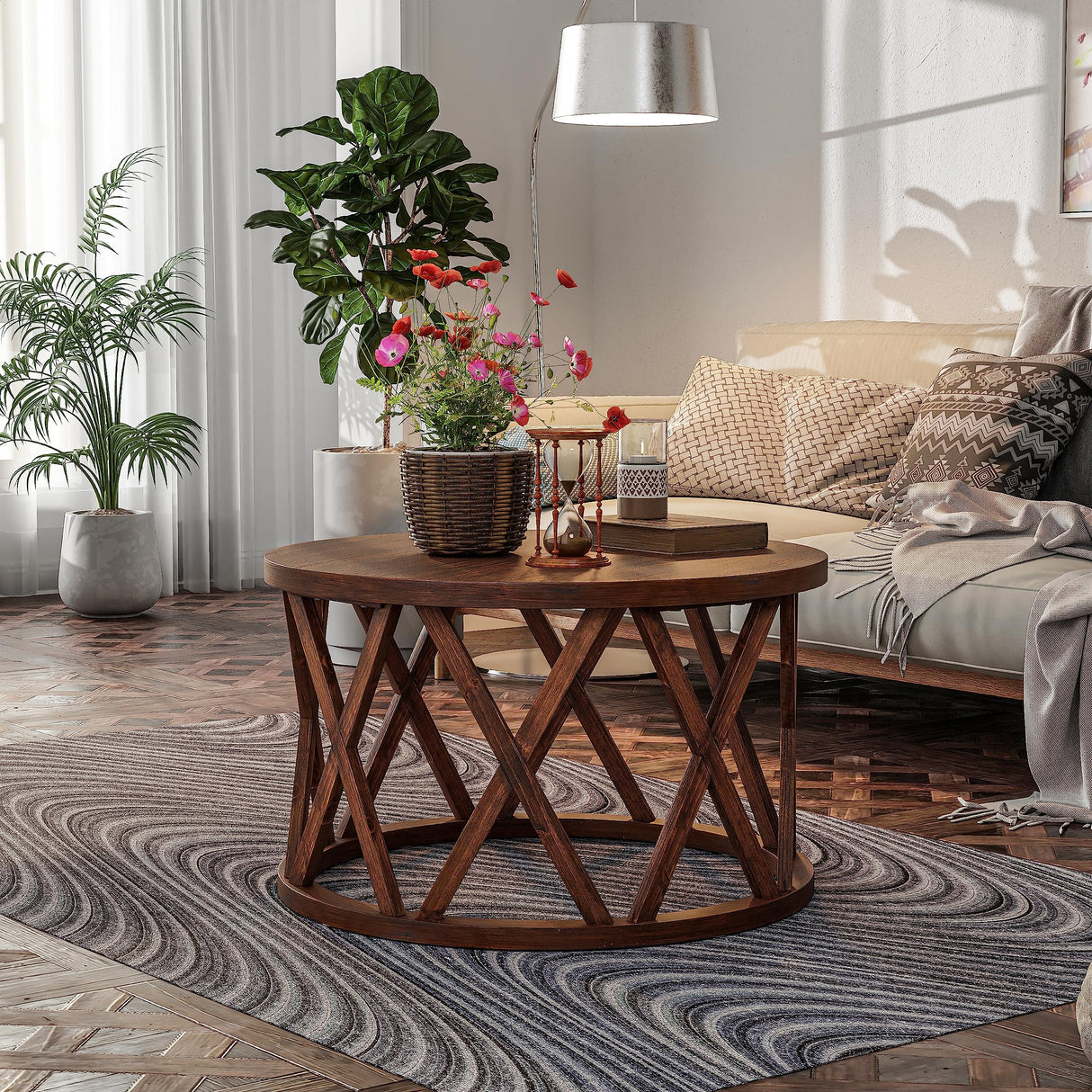 COZAYH Rustic Farmhouse Coffee Table, Round Coffee Table with X-Motifs Legs, Wood Textured Top, for Boho, French Country Decor, Brown COZAYH