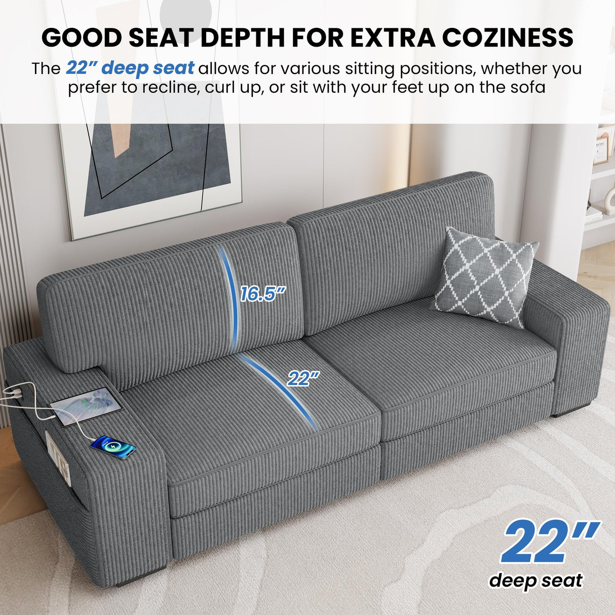 Yaheetech 83.5" W Modern Sofa Couch Corduroy Fabric Sofa with USB Charging Ports & Side Storage Pockets for Living Room Apartment, Dark Gray Yaheetech