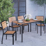 Merrick Lane Calle Patio Dining Set - Five Piece Set - Synthetic Teak Poly Slats - 30" x 48" Steel Framed Table with Umbrella Hole - 4 Club Chairs Merrick Lane