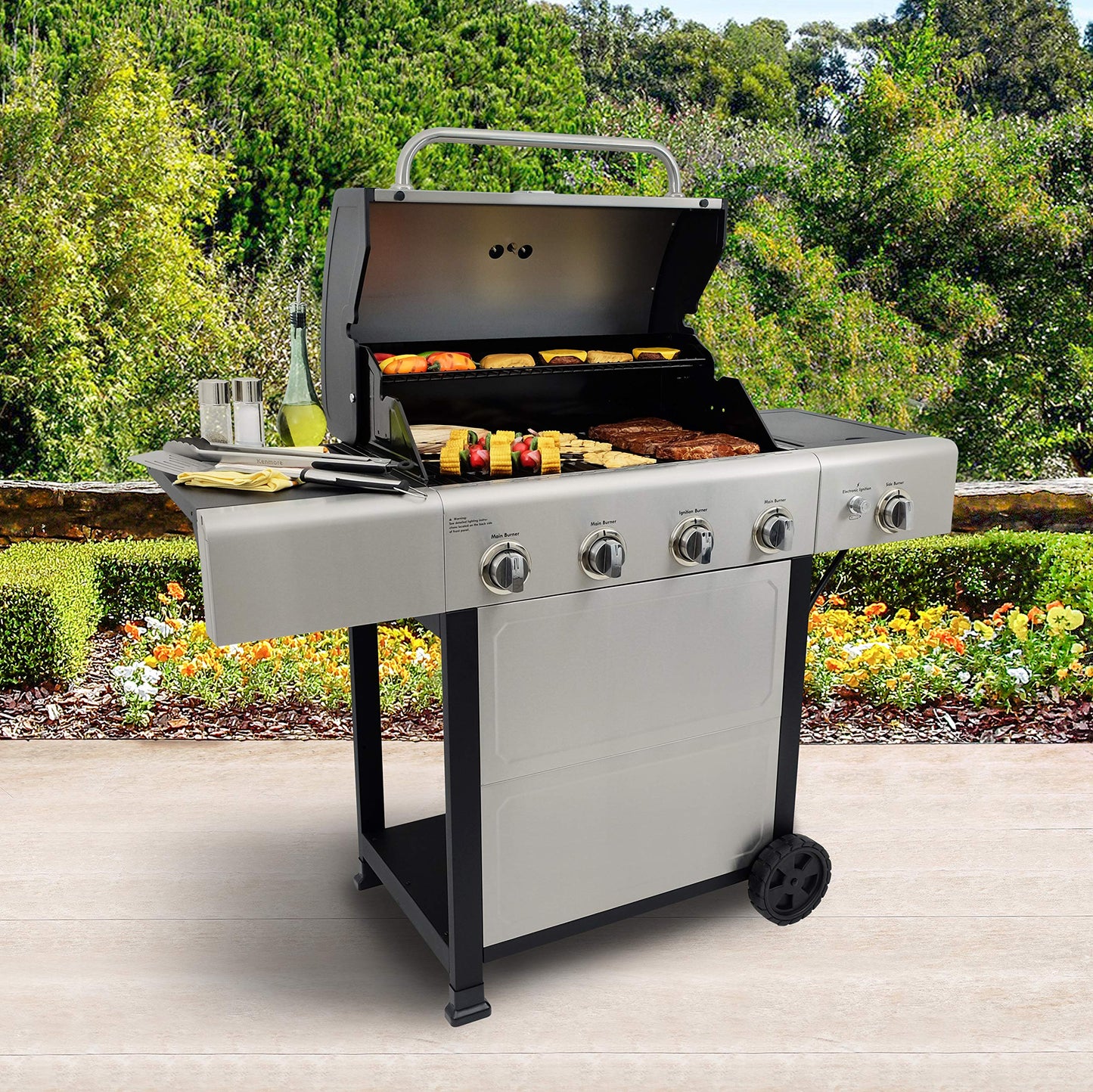 Kenmore 4-Burner BBQ Gas Grill with Side Burner, Outdoor Propane Grill, 53,000 BTUs, Cast Iron Cooking Grates, Electronic Ignition, Warming Rack, Open Cart Design & All-Terrain Wheels, Stainless Steel