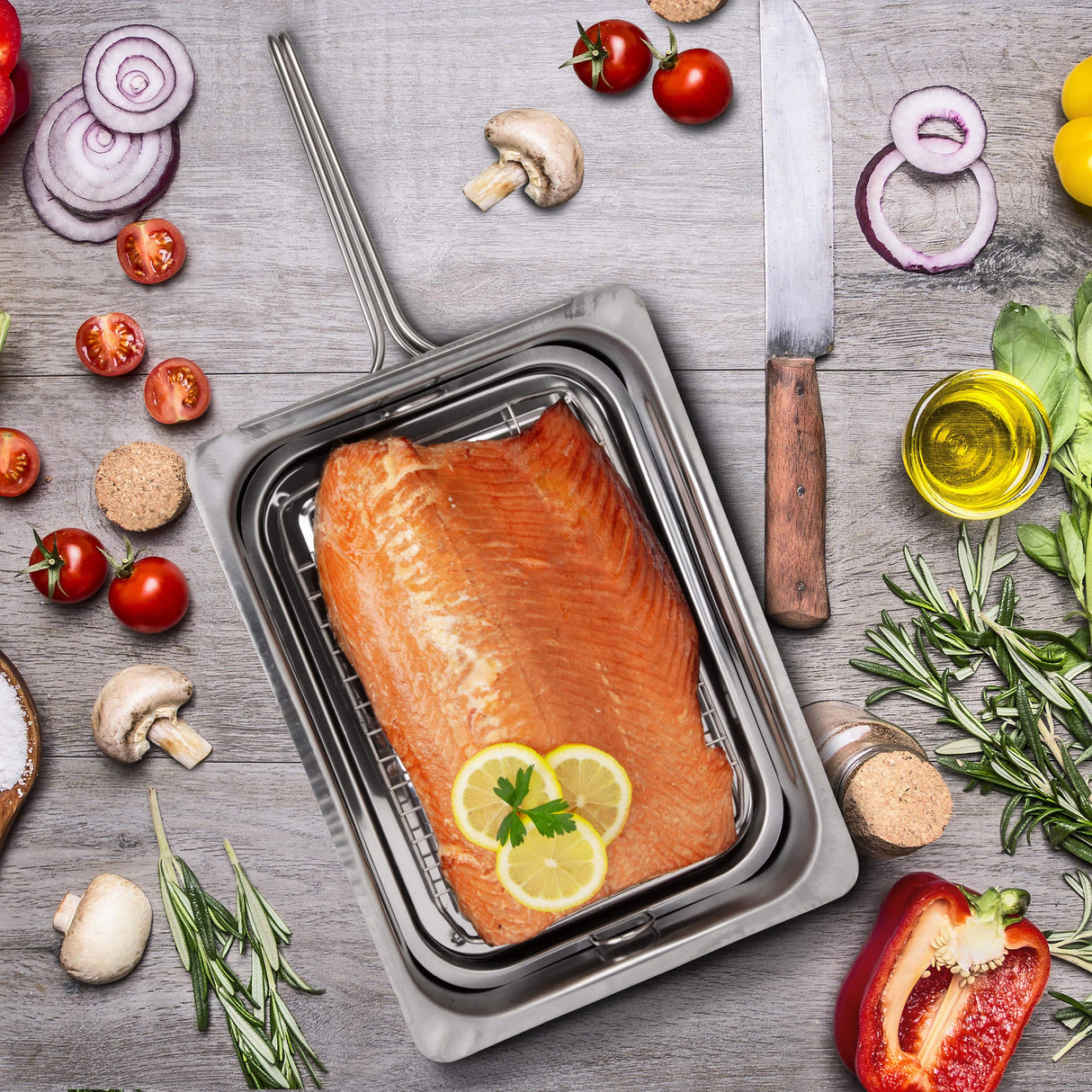 Camerons Original Stovetop Smoker - Smoker Box Gift Set w/Oak, Apple, Hickory Wood Chip Pints & Recipes - Indoor Outdoor Use on Any Heat for Smoking Meats, Veggies & Seafood - Grilling Gift for Men Camerons