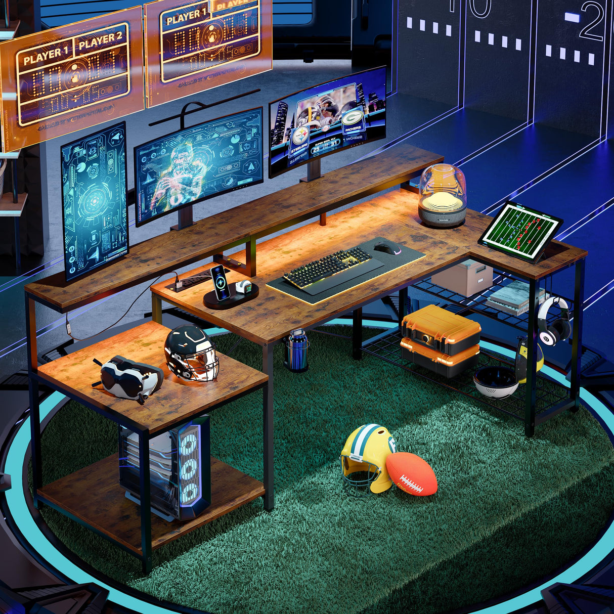 Bestier 71.5 inch Computer Desk with Power Outlets, LED Large Home Office Desk with Monitor Stand, L Shaped Corner Desk with Printer Stand Adjustable Shelf, Cup Holder & Headset Hooks, Brown Bestier