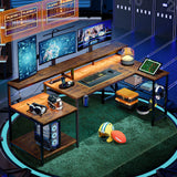 Bestier 71.5 inch Computer Desk with Power Outlets, LED Large Home Office Desk with Monitor Stand, L Shaped Corner Desk with Printer Stand Adjustable Shelf, Cup Holder & Headset Hooks, Brown Bestier