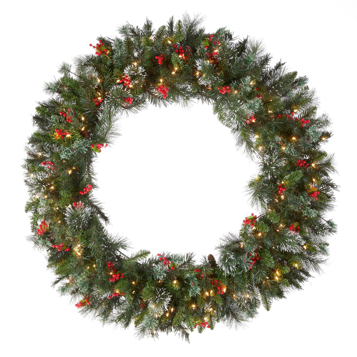 National Tree Company Pre-Lit Artificial Christmas Wreath, Green, Wintry Pine, White Lights, Decorated with Pine Cones, Berry Clusters, Frosted Branches, Christmas Collection, 48 Inches National Tree Company