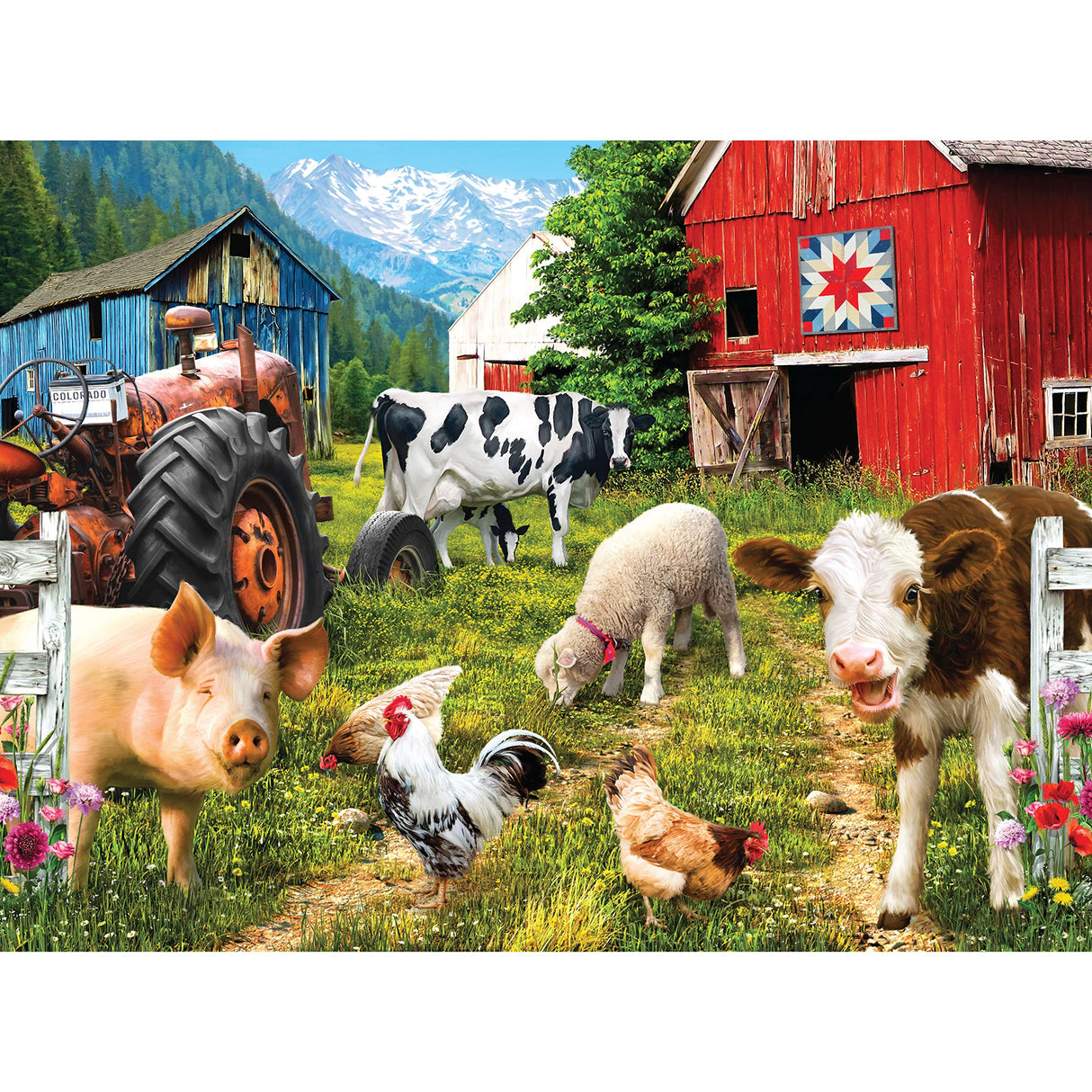750 Piece Puzzle for Adults Sharon Steele Happy Farm Day, 27x20 inch Whimsical Farm Animal Scene Jigsaw by KI Puzzles KI Puzzles
