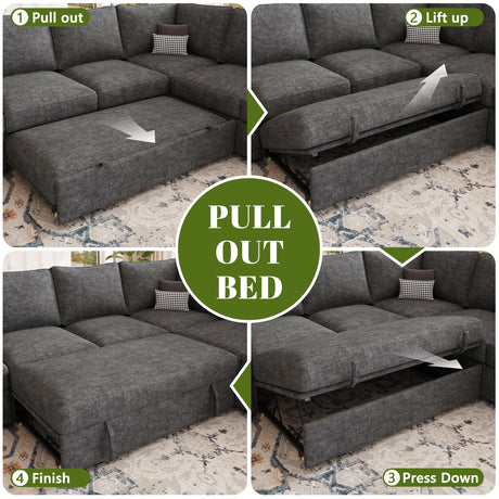 SUAWY 108 Inch Sectional Sleeper Sofa with Pull Out Bed,U Shaped 7 Seat Modular Sectional Sofa with Storage,Sectional Couches for Living Room,Cloud Modular Couch,Removable Sofa Cover,Dark Grey SUAWY