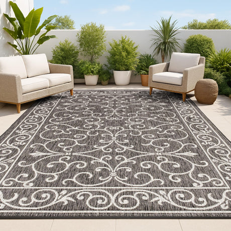 JONATHAN Y Vintage Filigree Indoor Outdoor Area Rug 8X10 Black/Gray, Charleston Textured Weave for Backyard, Patio, Porch, Easy-Cleaning, High Traffic, Pet-Friendly, Non-Shedding (SMB106G-8) JONATHAN Y