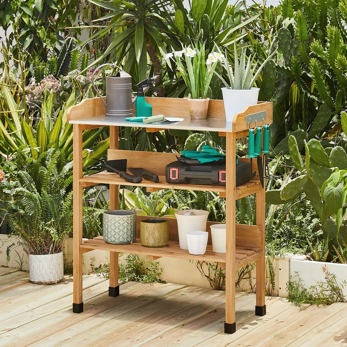 Yaheetech Outdoor Garden Potting Bench Table Wooden Horticulture Planting Worstation w/Metal Tabletop/Storage Shelf/3 Hooks, Natural Wood - WoodArtSupply