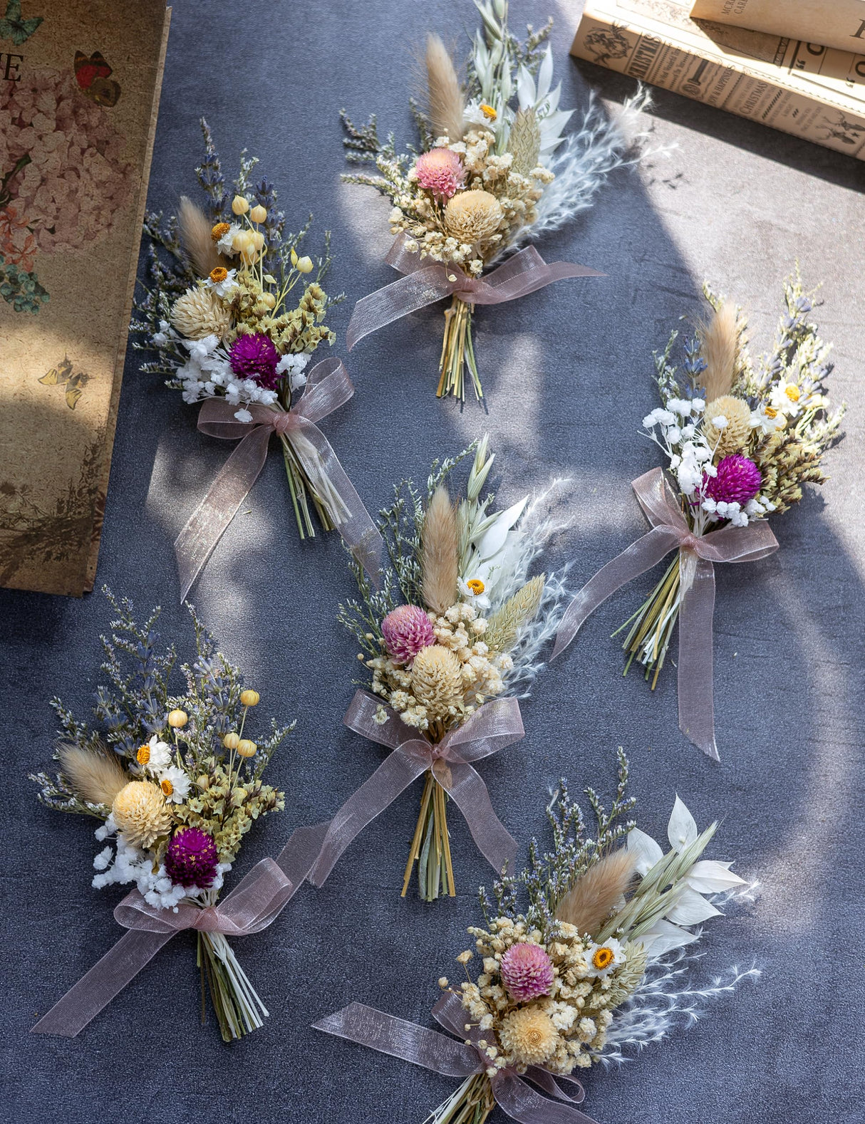 Mini Dried Flower Bouquet Set of 6, Small Bouquets, Bohemian Wedding Table Centerpieces Table Arrangements, Bridesmaid Flower Girl Proposal Gift Box, Birthday Cake Table Vase Decorations. (Pink) xin's convey