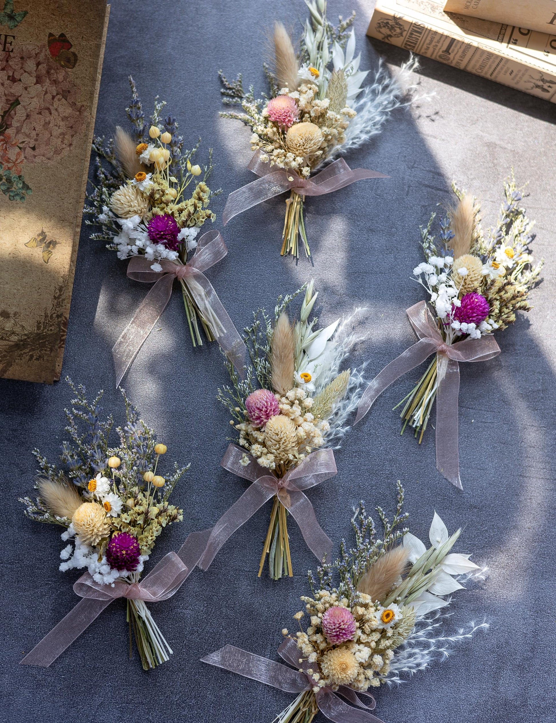 Mini Dried Flower Bouquet Set of 6, Small Bouquets, Bohemian Wedding Table Centerpieces Table Arrangements, Bridesmaid Flower Girl Proposal Gift Box, Birthday Cake Table Vase Decorations. (Pi - WoodArtSupply