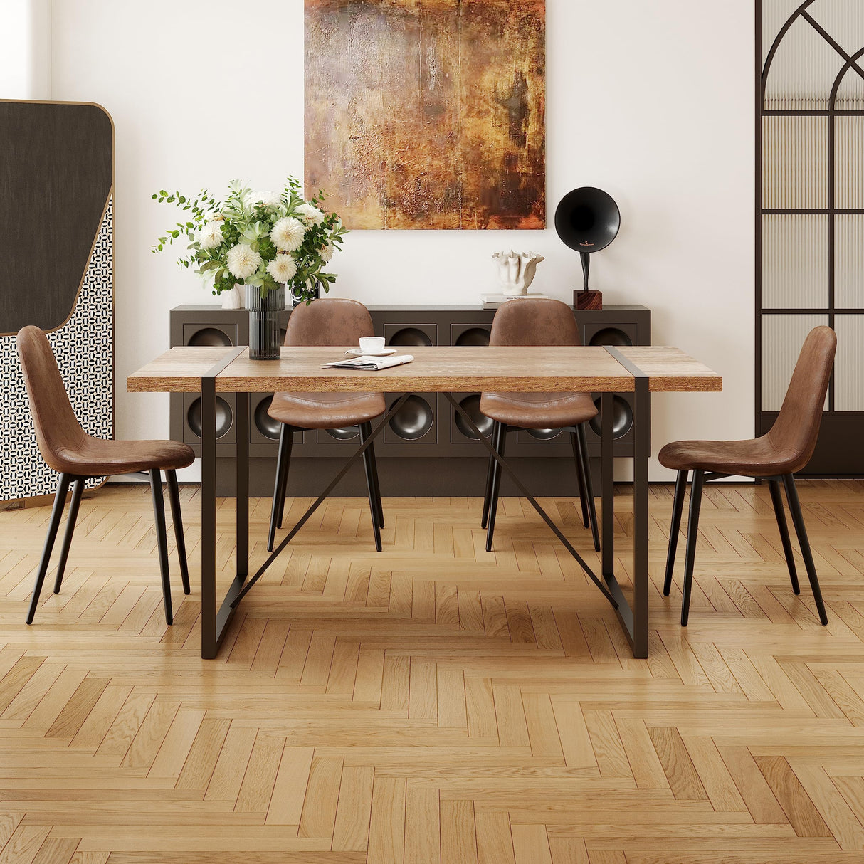 MUUOKY Dining Table Set for 4, Modern 55'' Wood Dining Table, Fabric Dining Chairs 4,Table and Chairs Set of 4,Ideal for Kitchen Dining Room MUUOKY