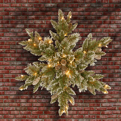 National Tree Company Pre-Lit Artificial Christmas Star Wreath, Green, Glittery Bristle Pine, White Lights, Decorated with Pine Cones, Frosted Branches, Christmas Collection, 32 Inches