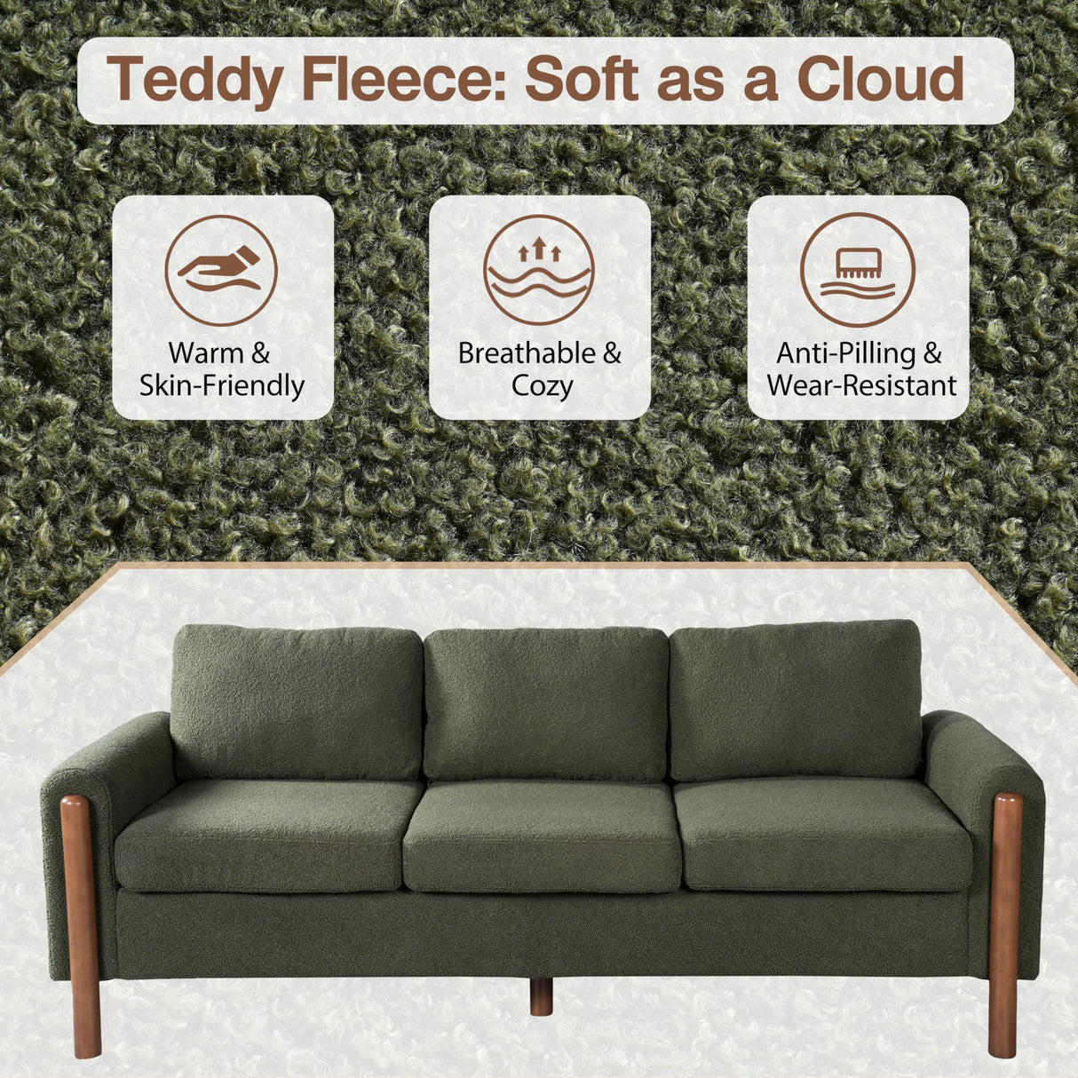 Christopher Knight Home Yadil Teddy Fleece Upholstered 3 Seater Sofa Couch, Wooden Home Sofa Living Room, Comfy Cloud Couch for Bedroom, Home Office, Olive Green Christopher Knight Home