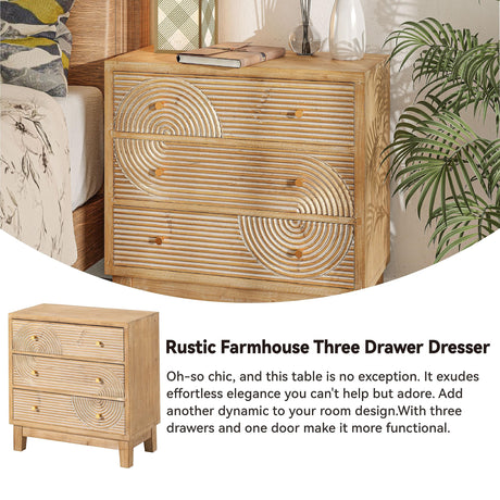 COZAYH 3-Drawer Farmhouse Dresser with Handicraft Wood Ring Motif, Fully Assembled Nightstand Wooden Finish for Boho, Mid-Century, Natural Wood, Rustic Style COZAYH
