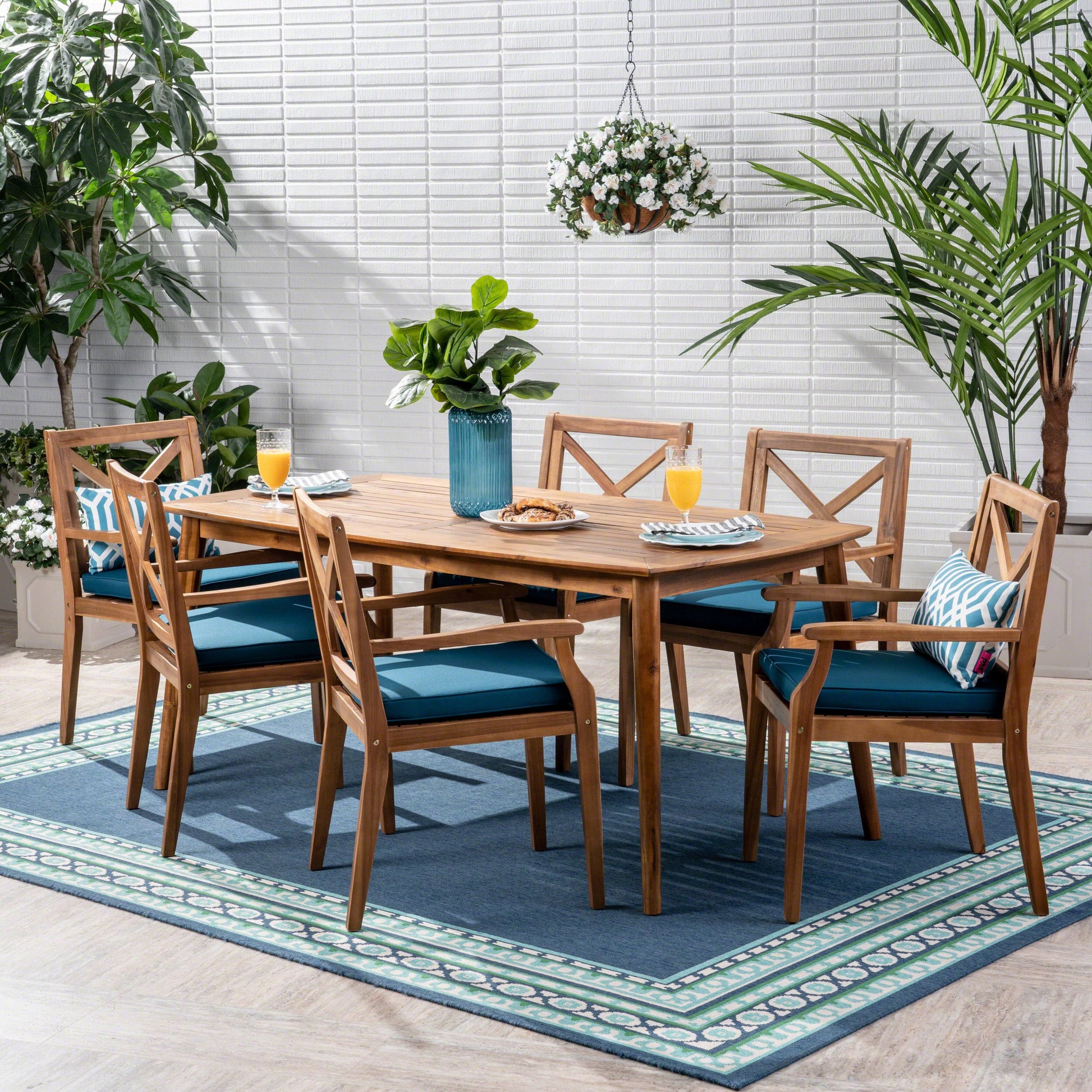 Christopher Knight Home Harvey Outdoor 7 Piece Acacia Wood Dining Set, Teak Finish/Blue - WoodArtSupply