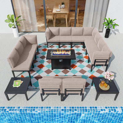 ALAULM 15 Pieces Metal Patio Furniture Set with Propane Fire Pit Table Modern Outdoor Furniture w/55000 BTU Fire Pit Patio Sectional w/5.1'' Sponge Cushions for Patio, Backyard, Poolside-Sand