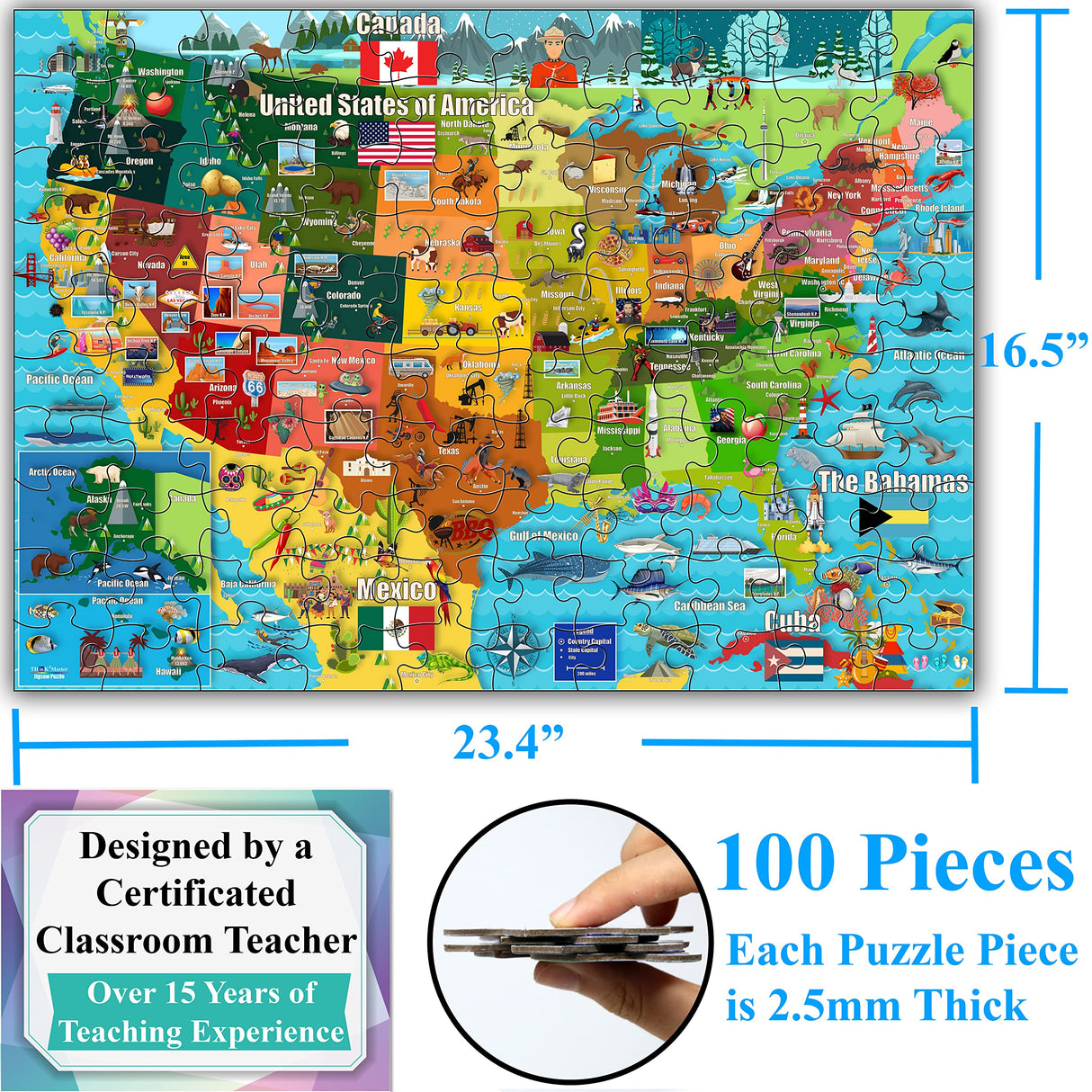 Think2Master Colorful United States Map 100 Pieces Jigsaw Puzzle Fun Educational Toy for Kids, Adults, School & Families. Great Gift for Boys & Girls Ages 4-8 to for Learning USA.23.4” X 16.5” THINK2MASTER