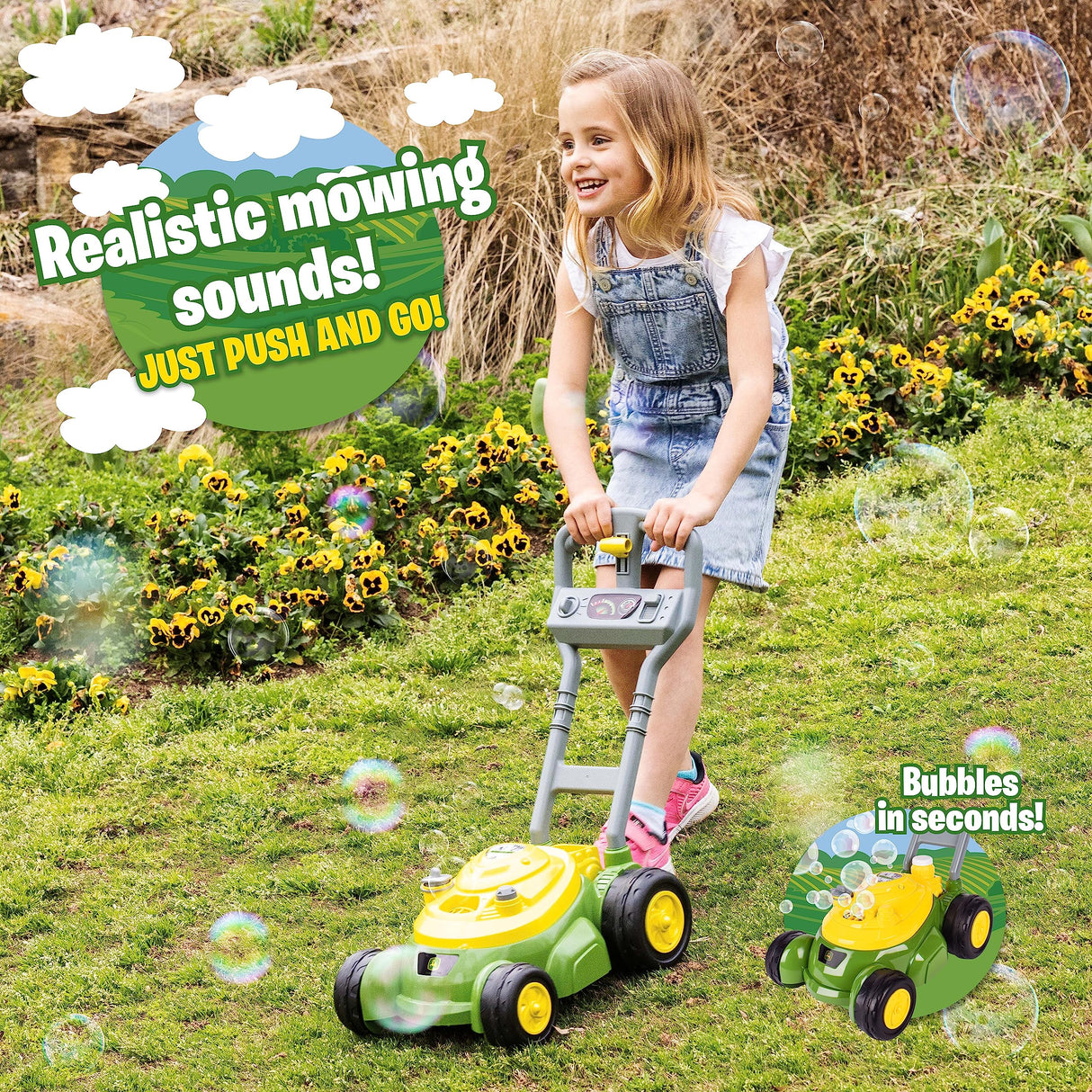 John Deere Bubble Lawn Mower for Toddlers, Bubble Blowing Machines, Indoor and Outdoor Gardening Toy, Birthday, Party Favor for Preschool Girls and Boys, No Batteries Required, 2+ John Deere