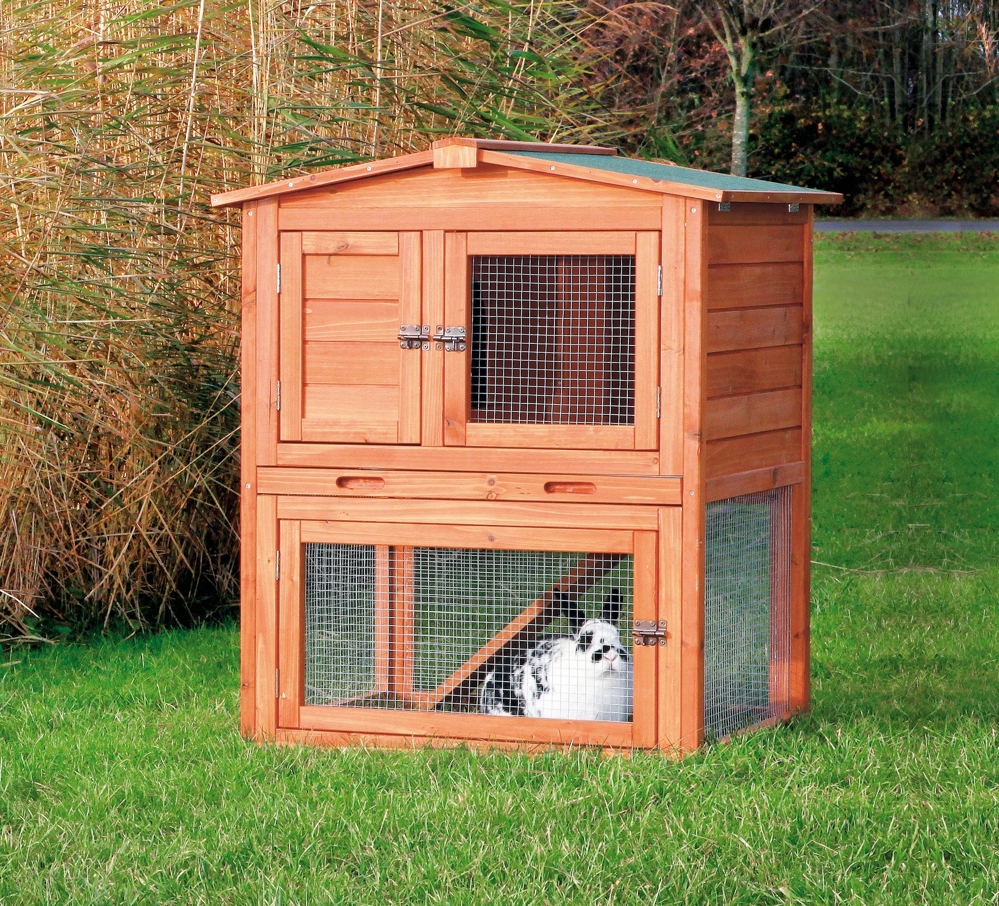 TRIXIE Natura Single Rabbit Hutch with Run, 2-Story with Ramp, Pull-Out Tray, Hinged Peaked Roof, for Rabbits or Guinea Pigs Small - WoodArtSupply