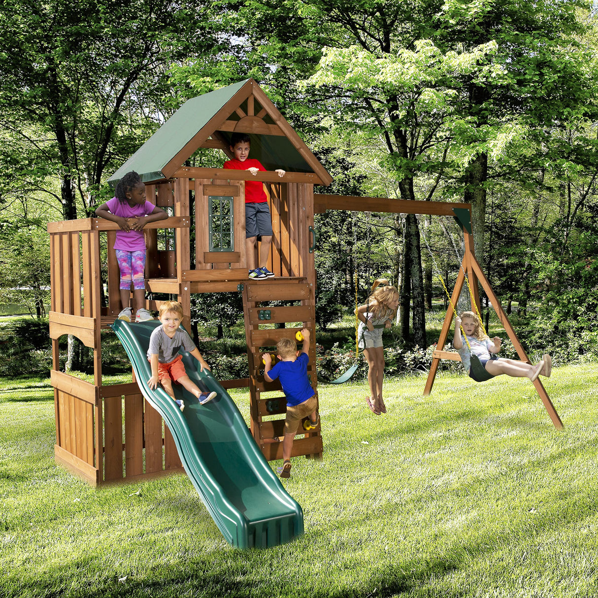 Swing-N-Slide WS 8357 Elkhorn Swing Set with Slide, Climbing Wall & Swings, Wood Swing-N-Slide