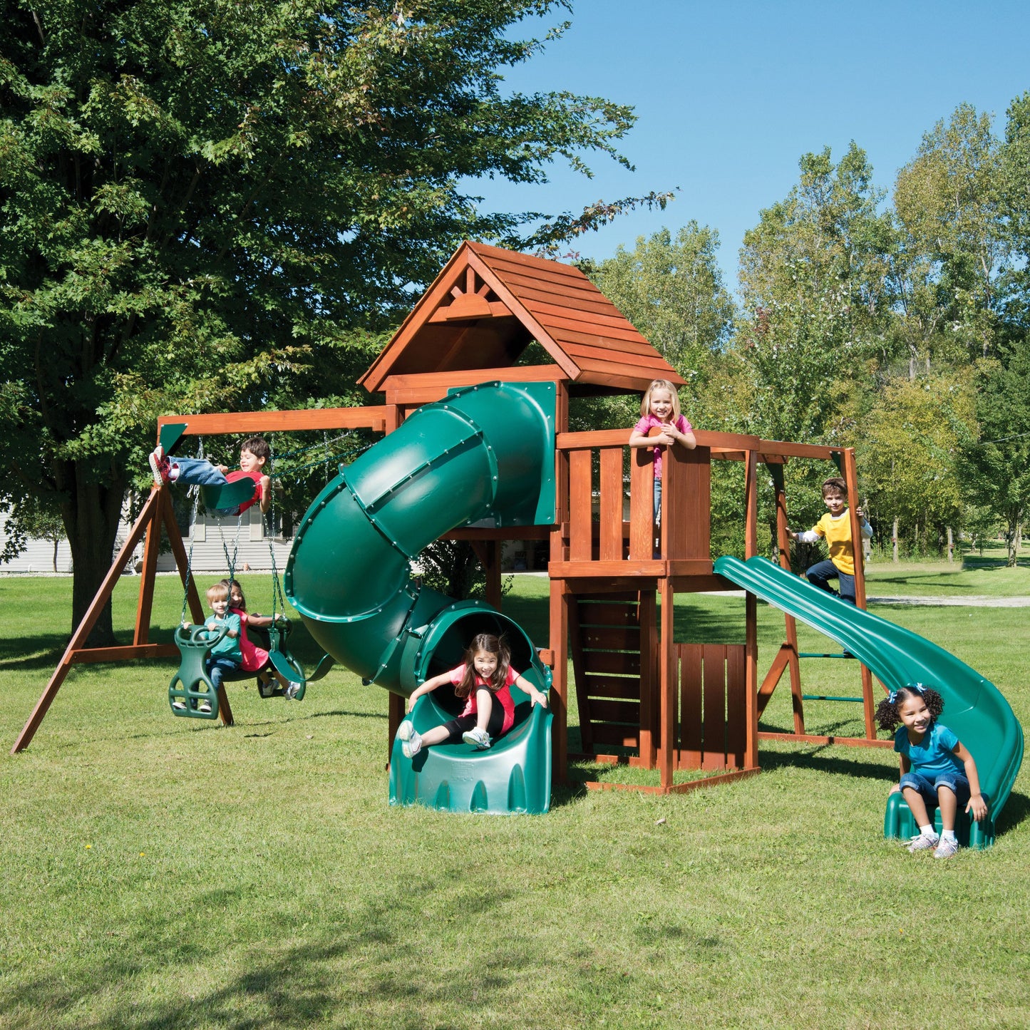 Swing-N-Slide Grandview Twist Play Set with Two Slides, Two Swings, Monkey Bars, Glider and Climbing Wall - WoodArtSupply