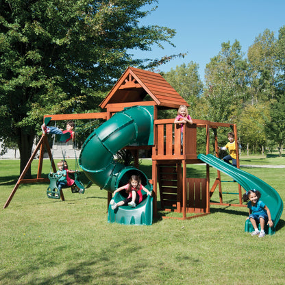 Swing-N-Slide Grandview Twist Play Set with Two Slides, Two Swings, Monkey Bars, Glider and Climbing Wall - WoodArtSupply