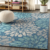 JONATHAN Y SMB110C-8 Zinnia Modern Floral Textured Weave Indoor Outdoor Area-Rug Bohemian Coastal Easy-Cleaning Bedroom Kitchen Backyard Patio Non Shedding, 8 X 10, Navy/Aqua JONATHAN Y