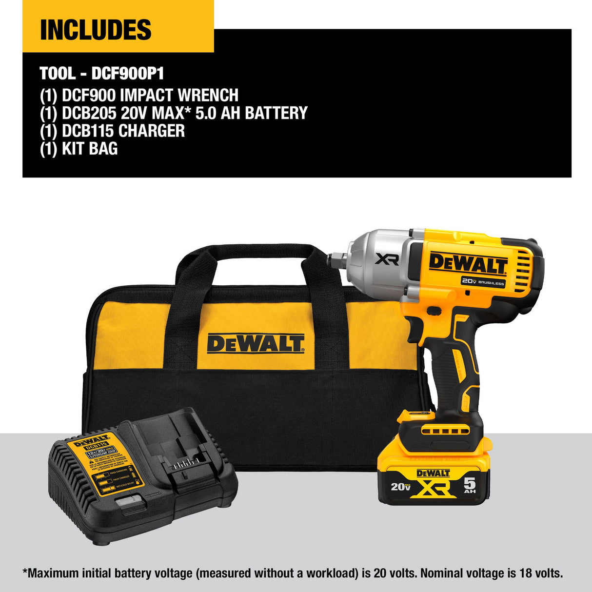 *DEWALT 20V MAX Cordless Impact Wrench Kit, 1/2" Hog Ring With 4-Mode Speed, Includes Battery, Charger and Bag (DCF900P1) DEWALT