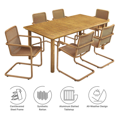 Abacus 7-Piece Rectangular Outdoor Patio Aluminum Dining Table Set with Rattan Armchairs HouseOfZazla