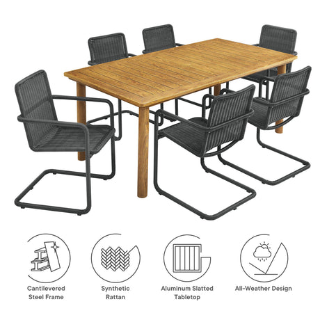 Abacus 7-Piece Rectangular Outdoor Patio Aluminum Dining Table Set with Rattan Armchairs HouseOfZazla