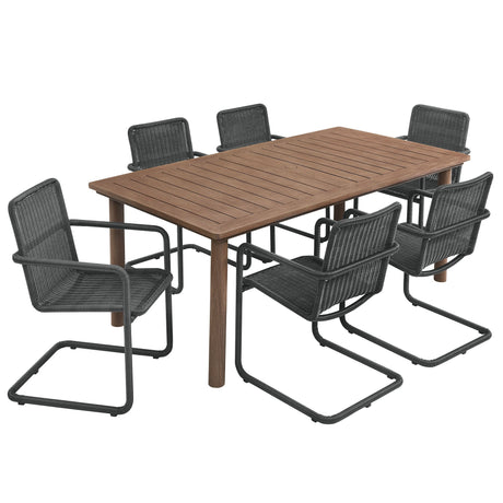 Abacus 7-Piece Rectangular Outdoor Patio Aluminum Dining Table Set with Rattan Armchairs HouseOfZazla