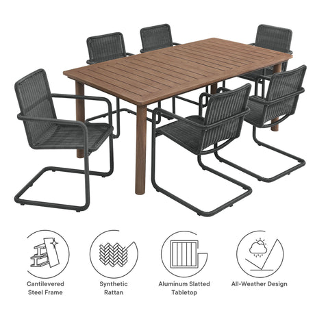 Abacus 7-Piece Rectangular Outdoor Patio Aluminum Dining Table Set with Rattan Armchairs HouseOfZazla