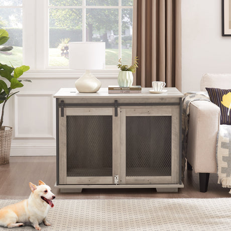 Farmhouse Dog Cage Crate Furniture with Sliding Barn Door HouseOfZazla